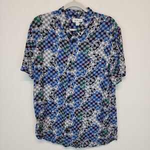 The Rail Geo Print Shirt Mens L Blue Gray Short Sleeve Button Down 80s Retro